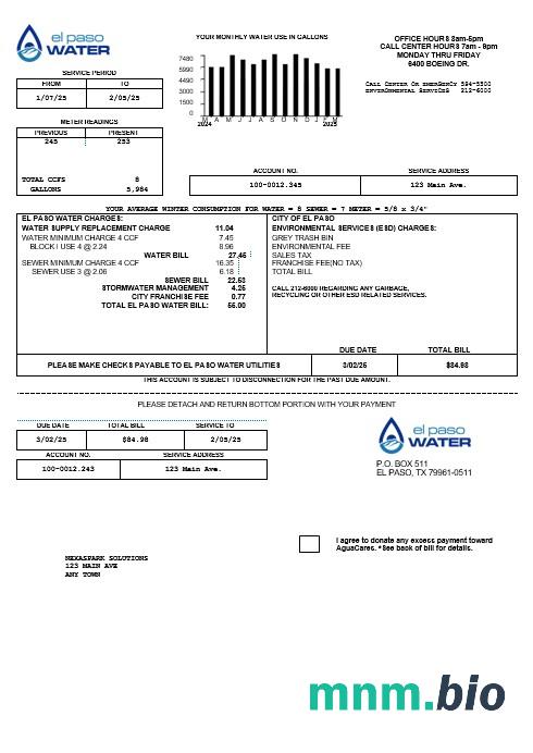 USA Texas El Paso Water rachunek za usługi komunalne szablon w formacie Word i PDF
